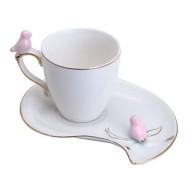 Xicara 90ml Café Porcelana Cute Birds Rosa Design Plate
